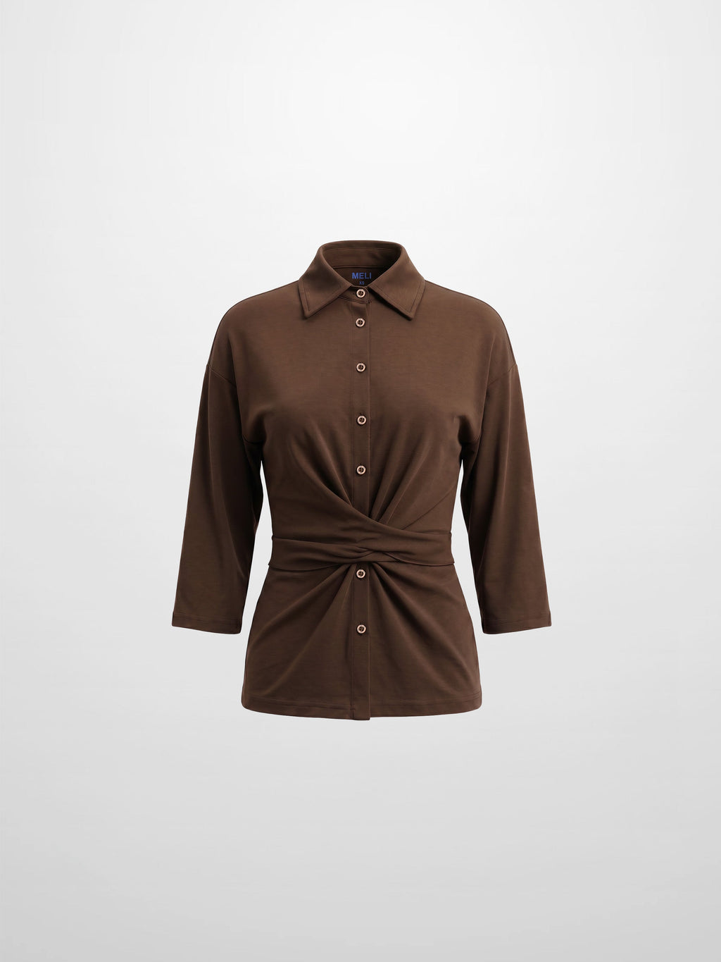 Waist Tie Button Down T-Shirt-Brown-1