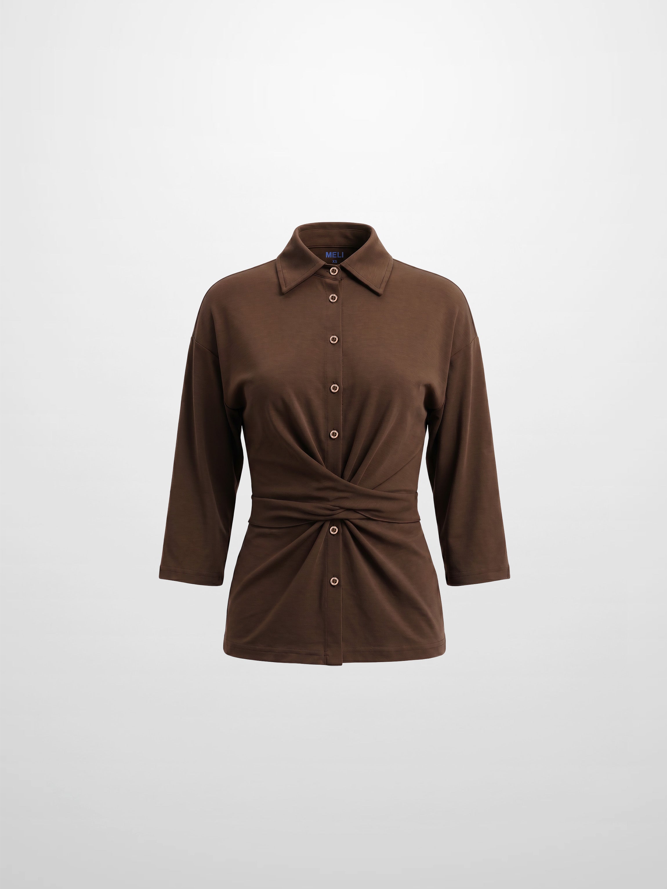 Waist Tie Button Down T-Shirt-Brown-1
