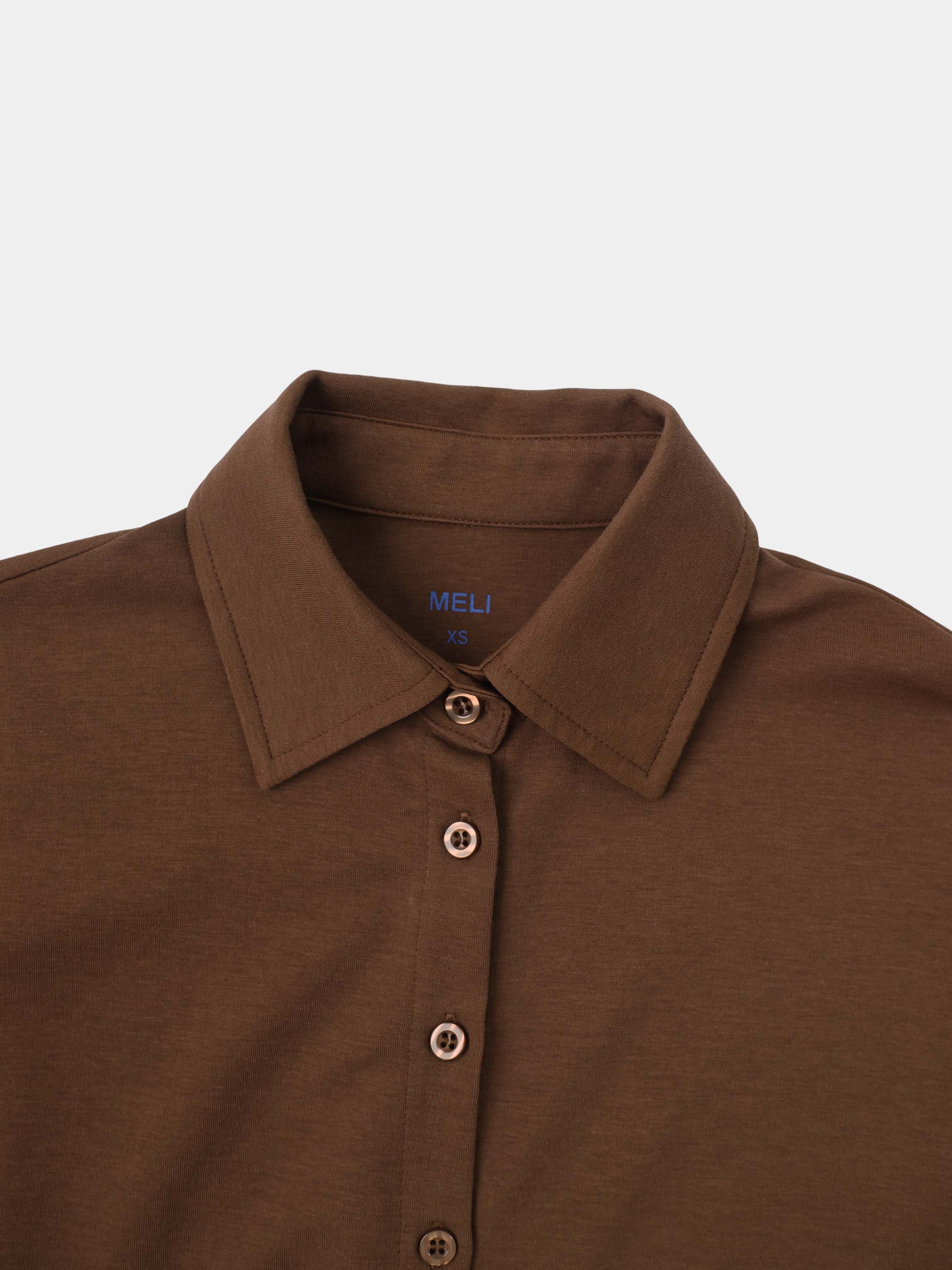 Waist Tie Button Down T-Shirt-Brown-3