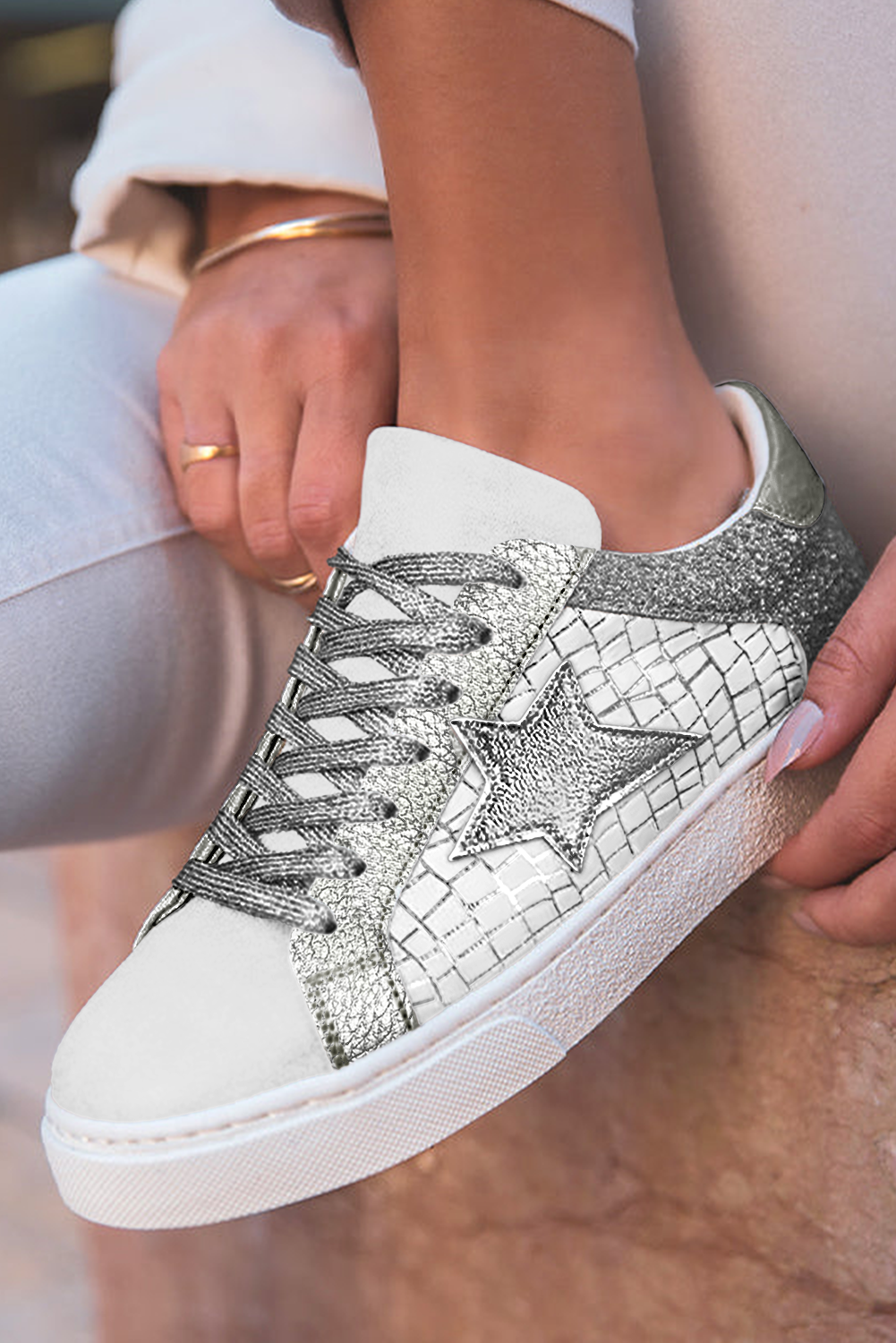 Emi Glitter Star Lace-up Sneakers-4