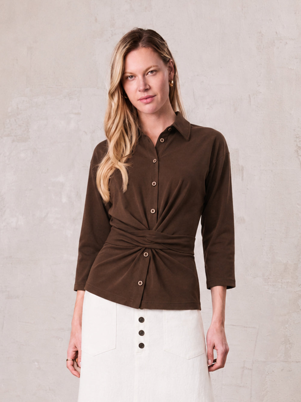 Waist Tie Button Down T-Shirt-Brown-0