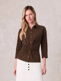 Waist Tie Button Down T-Shirt-Brown-0