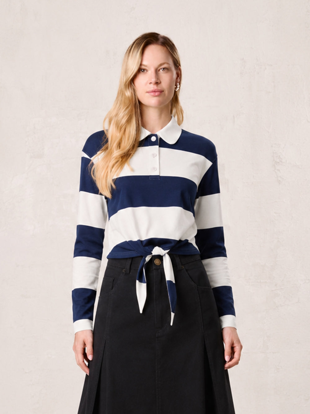 Striped Tie Bottom T-Shirt-Navy