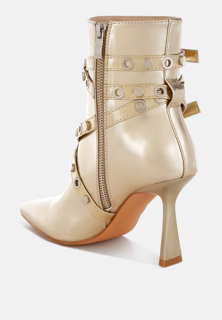 Marinta Metallic Slim Flared Heel Strappy Boots