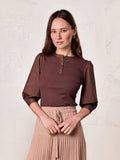 Puff Sleeve Ribbed T-Shirt-Brown