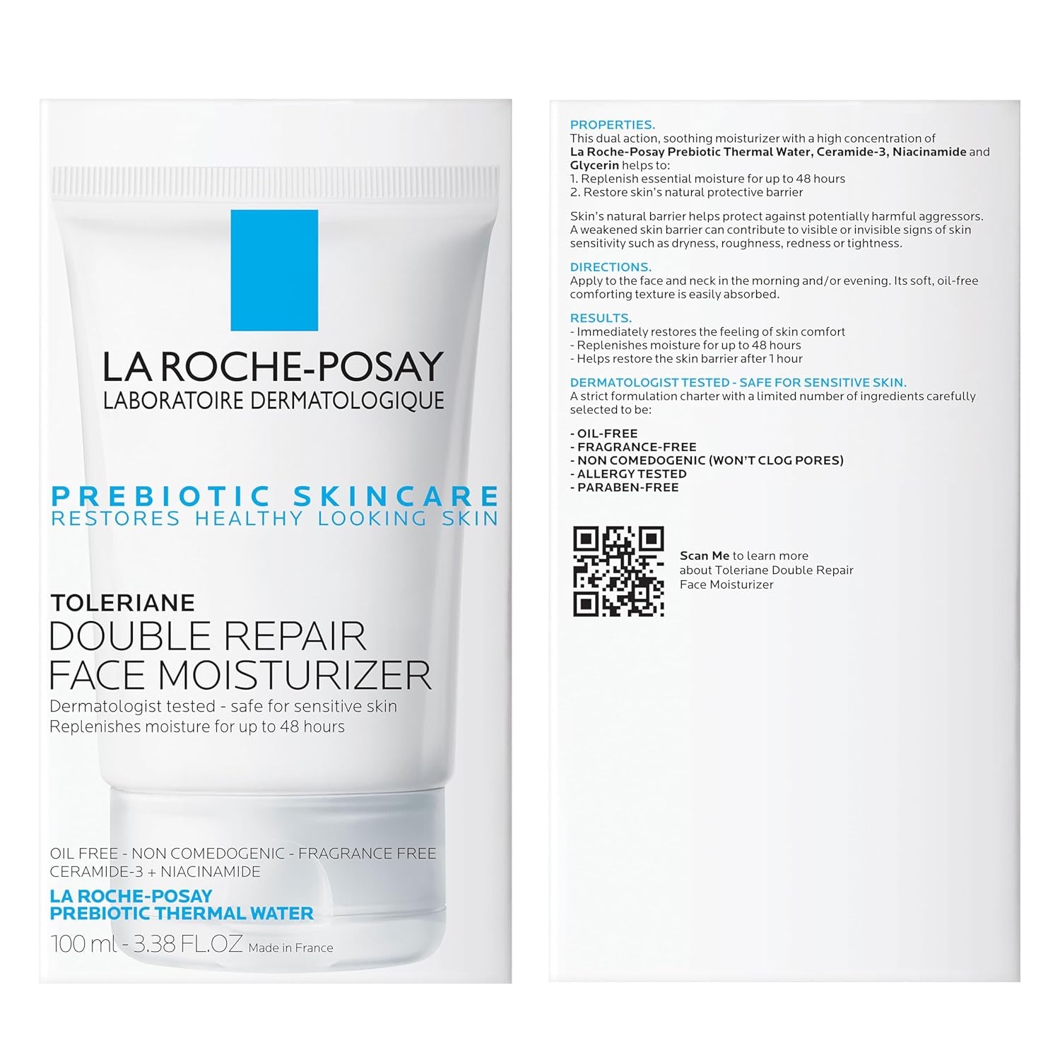 Toleriane Double Repair Face Moisturizer, Daily Moisturizer Face Cream with Ceramide and Niacinamide for All Skin Types, Oil Free, Fragrance Free